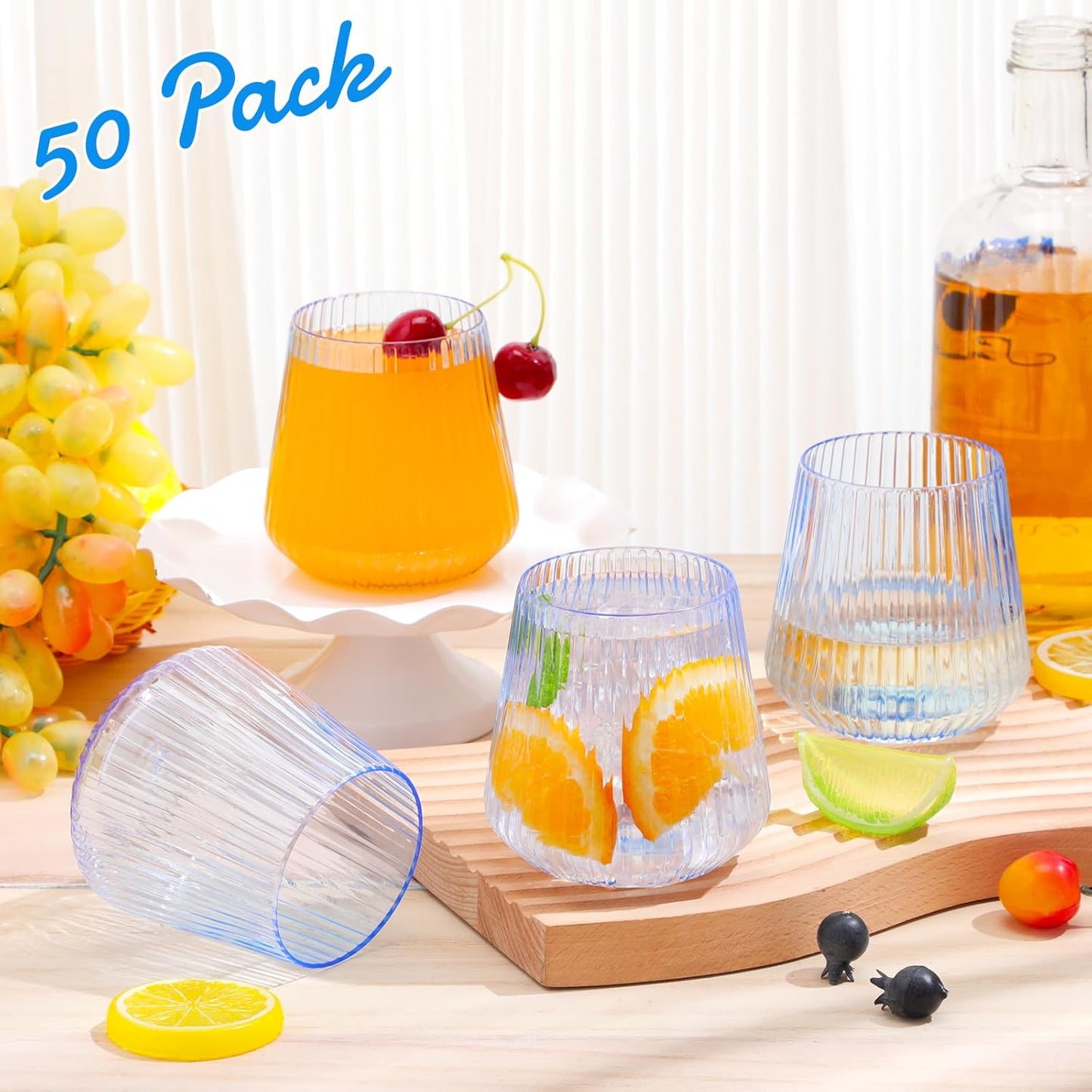 Suclain 50 Pcs Plastic Wine Glasses Ribbed Stemless Wine Glasses 14oz Vertical Design Unbreakable Cups for Outdoor Indoor Vintage Elegant Champagne Whiskey Glasses for Christmas Party Wedding (Blue)