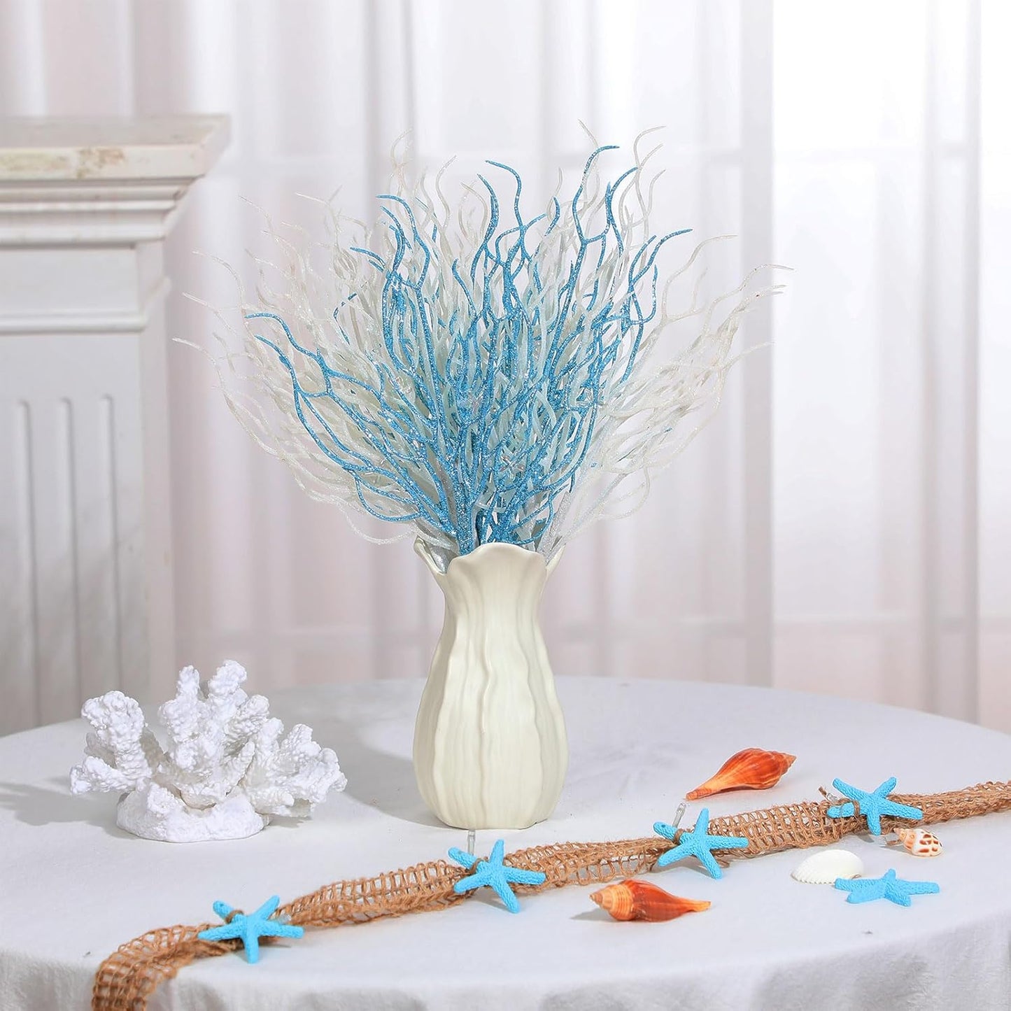 8 Pcs Blue White Coastal Ornaments for Christmas Tree 15.7inch Glitter Coral Beach Ocean Spray Pick Branch Christmas Tree Topper Decorations Filler Twigs for Xmas Vase Wreaths Gift