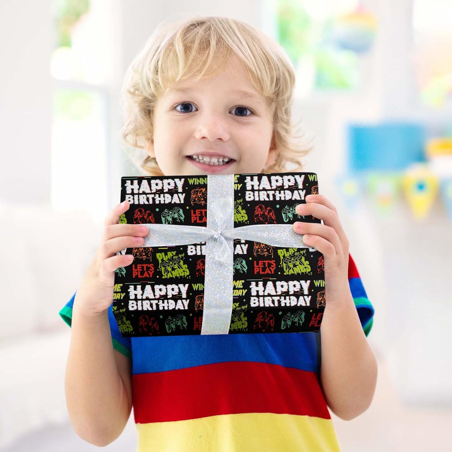 Aimyoo Gaming Birthday Wrapping Paper Roll - 17 Inch X 16.4 Feet - Black Happy Birthday Video Game Pattern Gift Wrap Paper for Boys Party, Baby Shower, Holiday