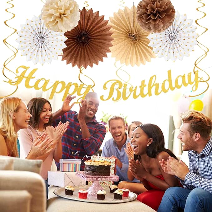 White-Brown Champagne-Gold Boho Birthday Party-Decorations - 21pcs Happy Banner,Beige Neutral Rustic Paper Lanterns Honeycomb, Hanging Streamers,Tissue Pom Poms Flower Fan,Fall Decor Supplies Huglony