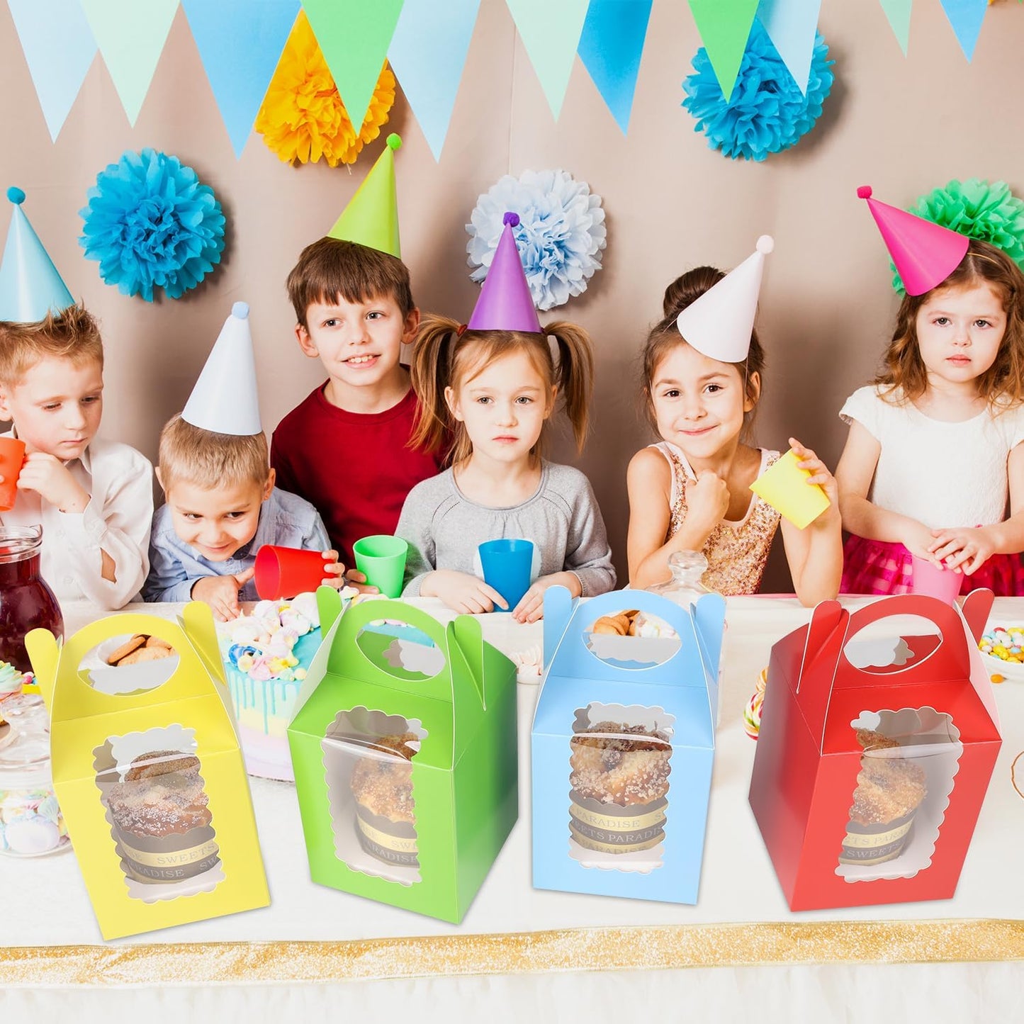 Individual Cupcake Boxes 4x4x5 Inches Disposable Pastry Tray Boxes, With Window Insert and Handle, Perfect for Parties, Birthdays, Bakery Wrapping and Events Containers (Blue-50Pack)