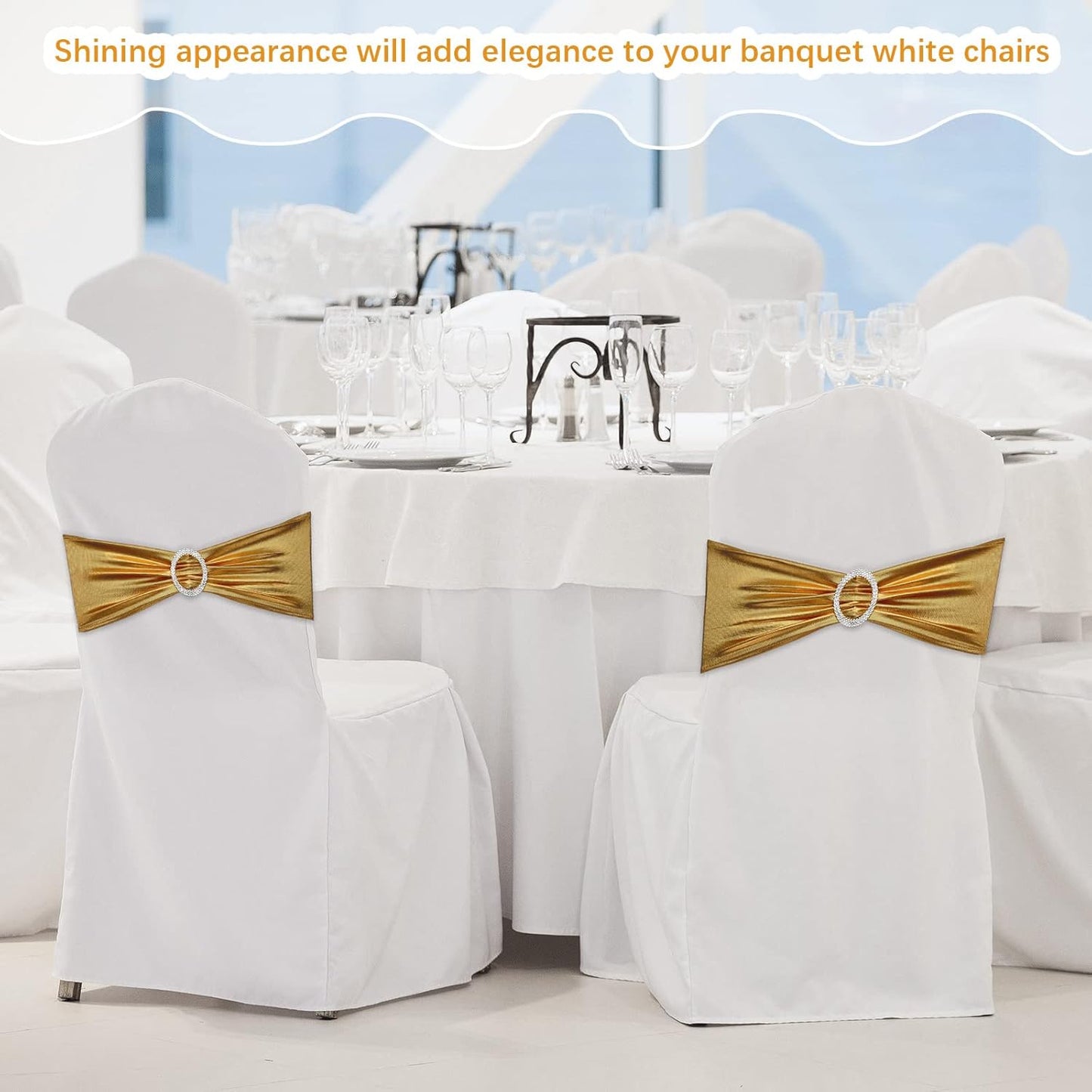 CHENGU 150 Pieces Spandex Stretch Chair Sashes Bows Elastic Chair Cover Bands Ties with Buckle Slider for Wedding Party Reception Events Universal Ceremony Banquet Decorations (Glossy Gold)