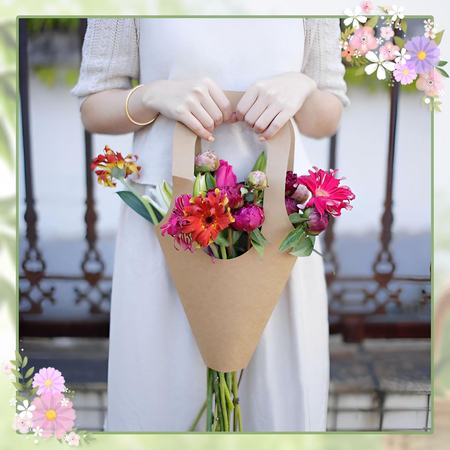 50Pcs 16.5" Kraft Paper Bouquet Bags with Handle, Florist Gift Wrapping Supplies Kit Includes Decorative Lace Ribbon, Floral Tape, Shears for Flower Arranging, Wedding, Party Decor