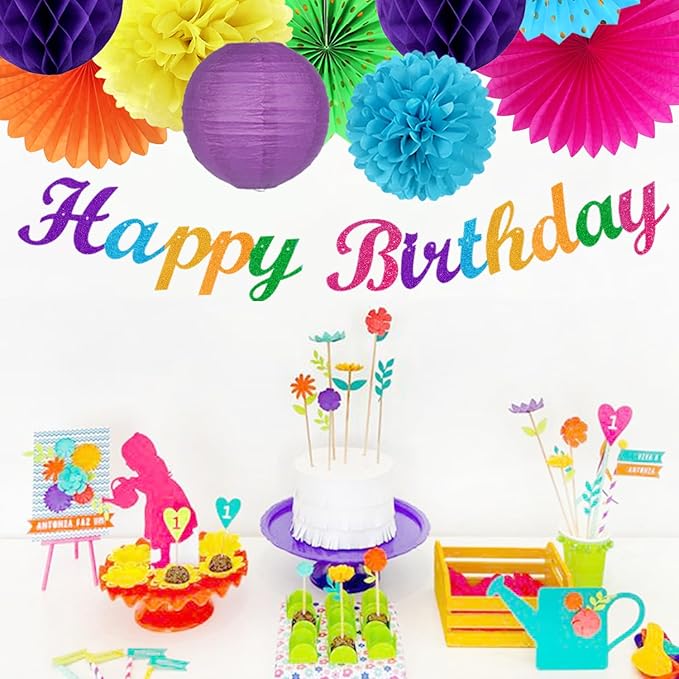 Rainbow Friends Colorful Birthday Party-decorations - 21pcs Girls Boys Happy Banner Garland, Paper Streamers Lanterns,Flower Tissue Pom Poms Fan Supplies,Wall Backdrop Decor Huglony