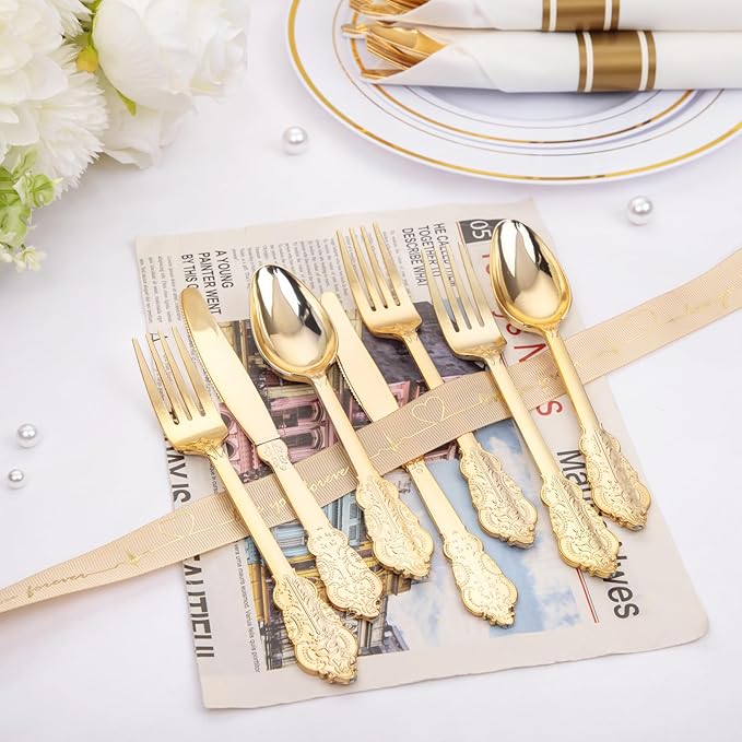 Nervure 400PCS Pre Rolled Gold Plastic Silverware Sets - Heavy Duty Fancy Gold Cutlery - Include 100 Pack Wrapped Disposable Utensils with Napkins for Parties, Dinners & Weddings