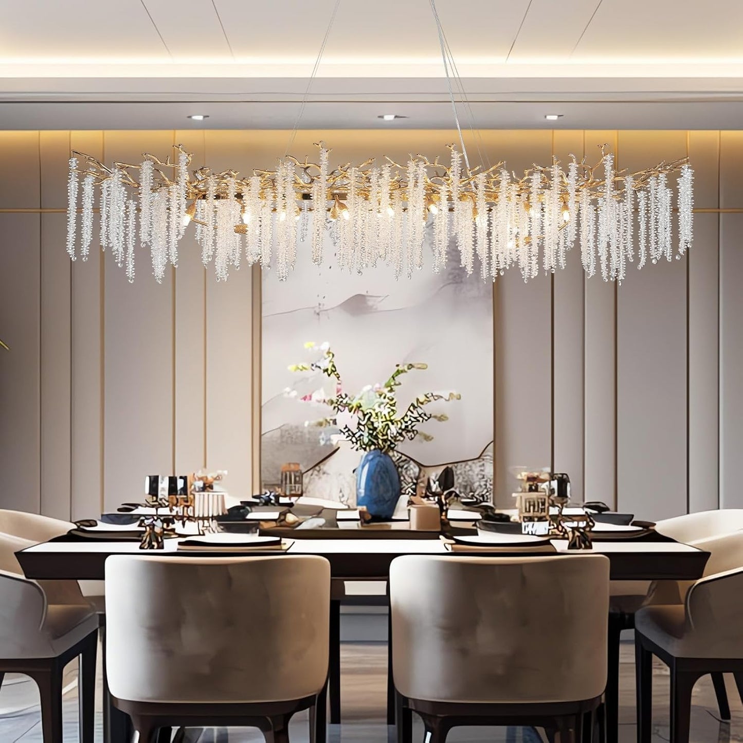 YUYI Modern Crystal Chandelier, 71" Gold Rectangular Chandeliers for Dining Room, Large Tree Branch Chandelier Luxury Ceiling Light Fixture for Living Room, Kitchen Island, Foyer, 5 Year Warranty