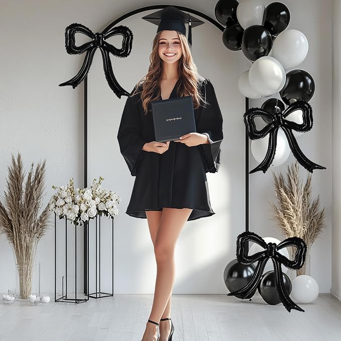 4pcs Black Bow Foil Balloons Bow Mylar Balloon Set for Coquette Birthday, Bridal Shower, Bachelorette Party, Martini Decor supply,Cheetah,Black and White Bow Theme Party Decorations