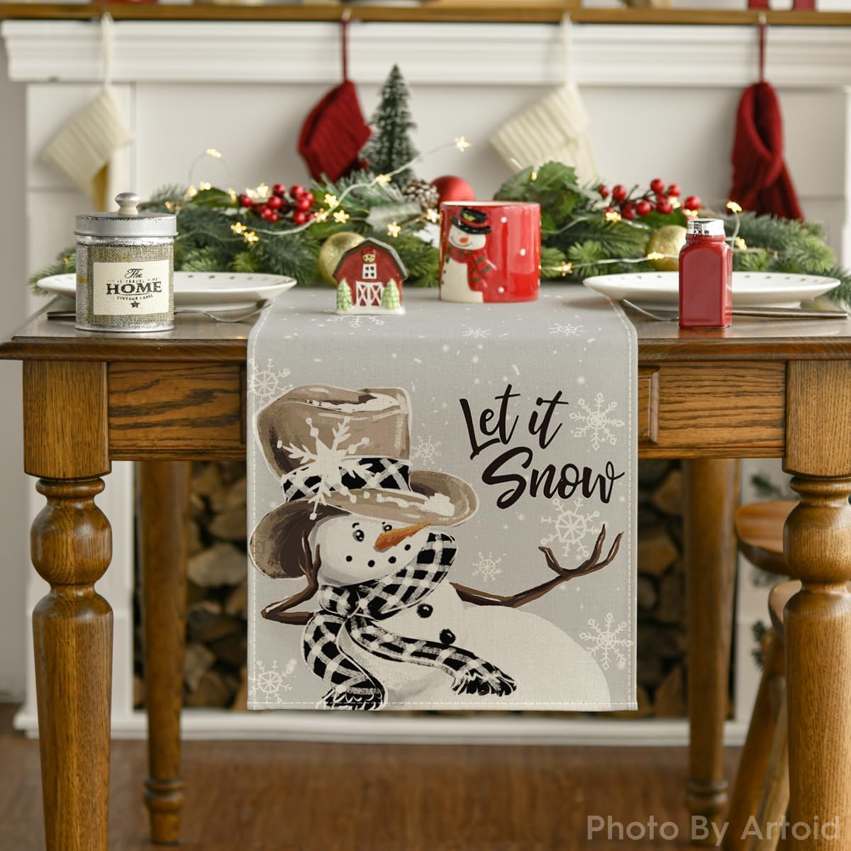 Artoid Mode Grey Snowman Snowflake Let it Snow 2PCS Christmas Table Runner, Seasonal Winter Kitchen Dining Table Decor for Home Party 13x72 Inch