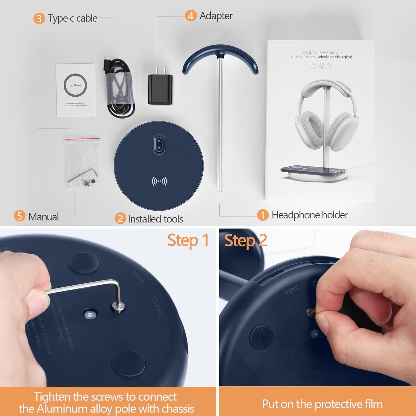 Headphone Stand with Wireless Charger, Gaming Headset Holder Hanger Rack 2 in 1 Wireless Charging Station Dock for iPhone 15/14/13/12/11 Series, Samsung, AirPods Pro/3/2, Aluminum Alloy Rod, Navy Blue