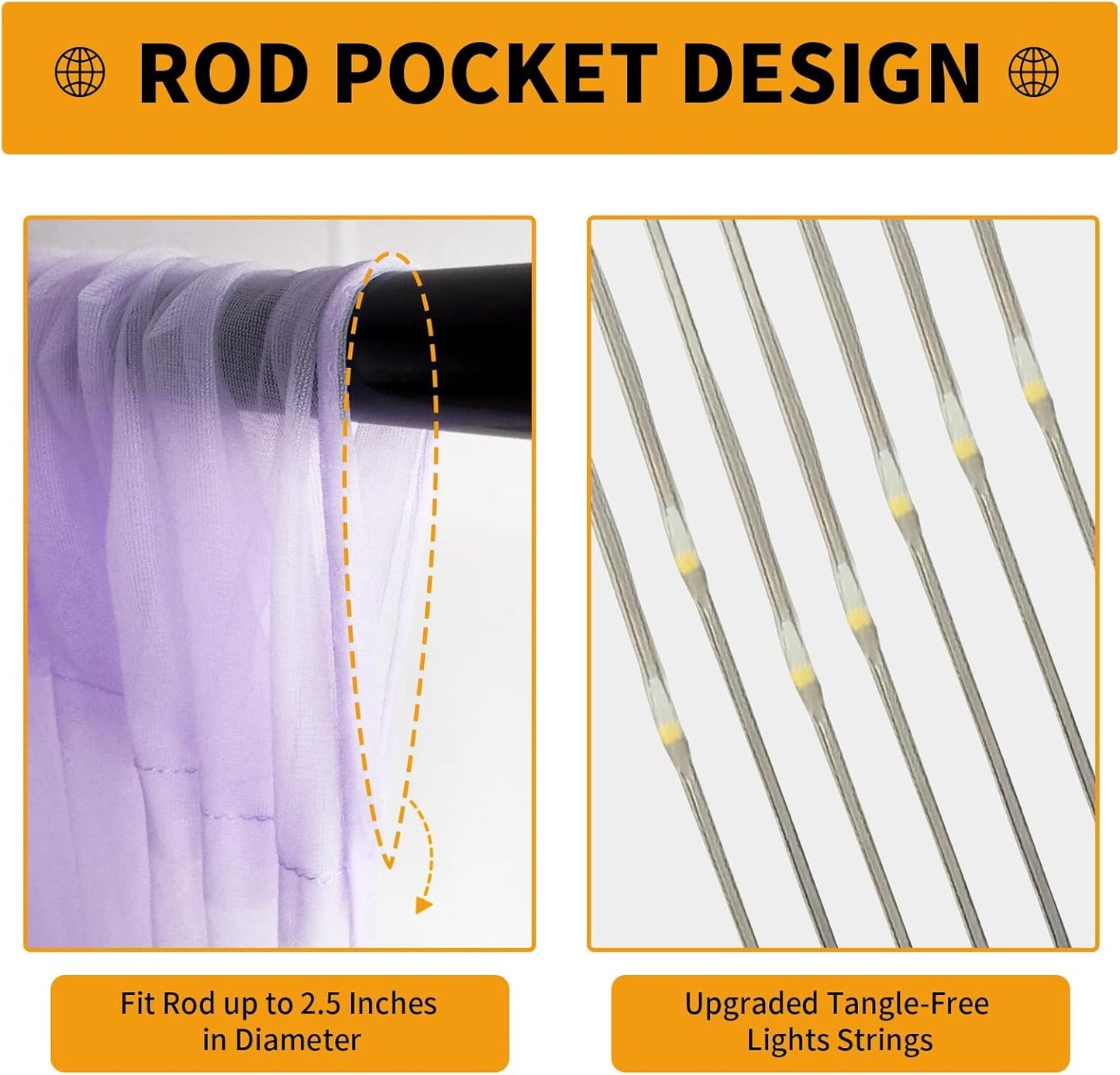 Lavender Tulle Backdrop Curtain with Lights String - 10x8ft Sheer Backdrop with 250 LEDs for Wedding, Baby Shower, Bridal Shower, Birthday Party Photo Shoot Background and Home Decorations