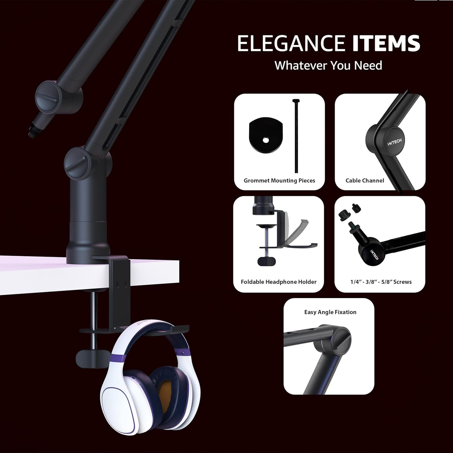 IXTECH Microphone Boom Arm with Desk Mount, 360ยฐ Rotatable, Adjustable and Foldable Scissor Mounting for Podcast, Video Gaming, Radio and Studio Audio, Sturdy and Universal - Elegance Model