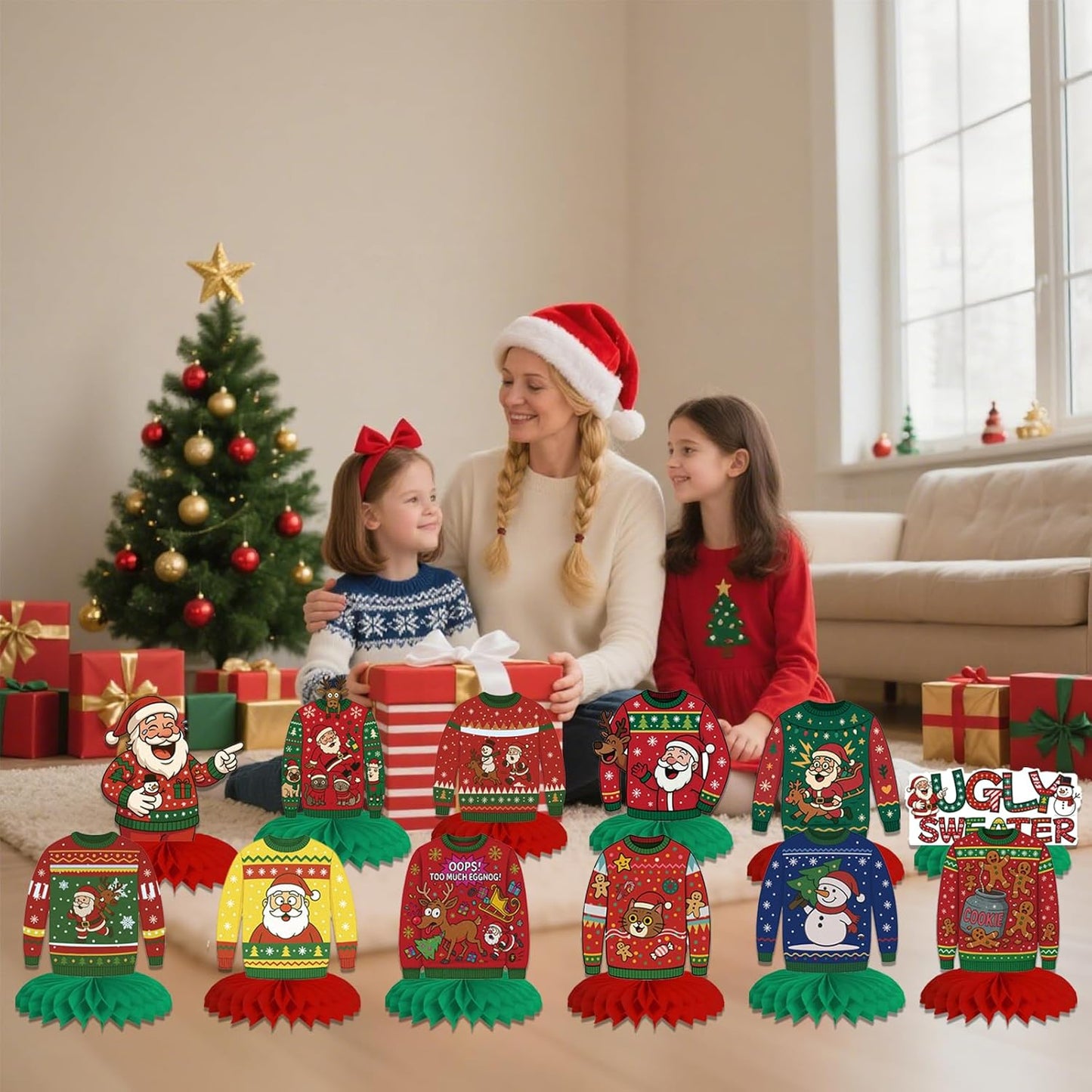 12Pcs Christmas Ugly Sweater Party Decorations Ugly Sweaters Honeycomb Centerpieces Xmas Table Topper Christmas Table Centerpieces for Merry Christmas Winter Holidays Party Supplies