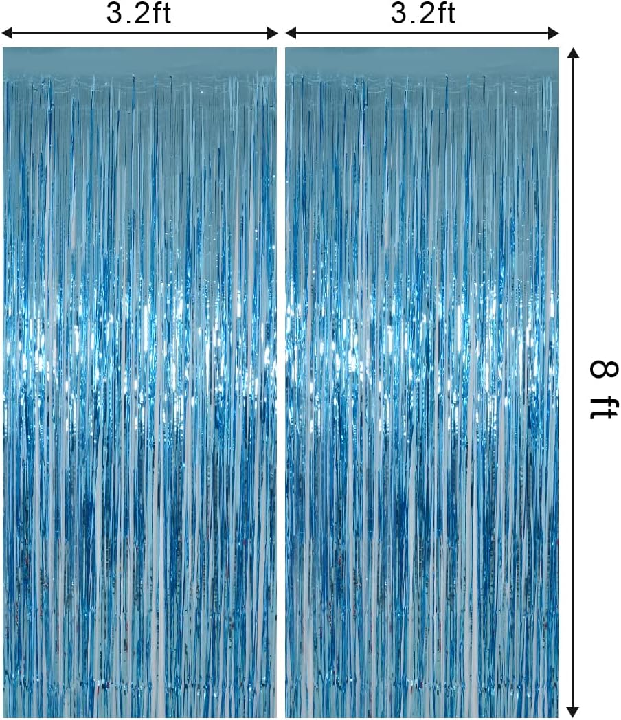 Light Blue Foil Fringe Curtains Party Decorations, Melsan 3.2 x 8 ft Foil Curtains Tinsel Backdrop for Ocean, Baby Shark, Frozen Theme Birthday Decorations - Pack of 2