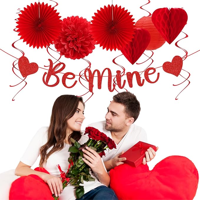 Valentines-Day Decorations Red-Heart Streamers Galentines-Decor - 22pcs Be Mine Love Banner,Paper Lanterns Honeycomb Balls,Tissue Pom Poms Flowers Fans, Happy Anniversary Backdrop Hugmoon