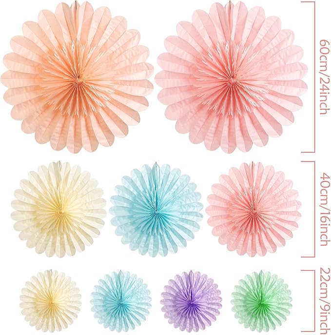 PAPER JAZZ 9pcs Spring Pastel Paper Fans Party Decoration,Paper Flowers Wall Decoration, Rainbow Birthday Party Decorations Tissue Pom Poms for Birthday Wedding Baby Shower Classroom.
