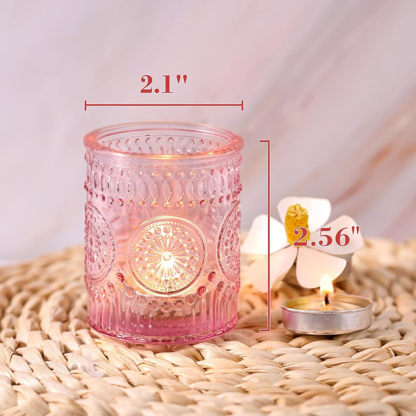 DARJEN Pink Votive Candle Holders Set of 36- Glass Candle Holders Bulk for Tea Light Candle, Embossed Candle Votives for Romantic Wedding Centerpiece, Home Table Decor