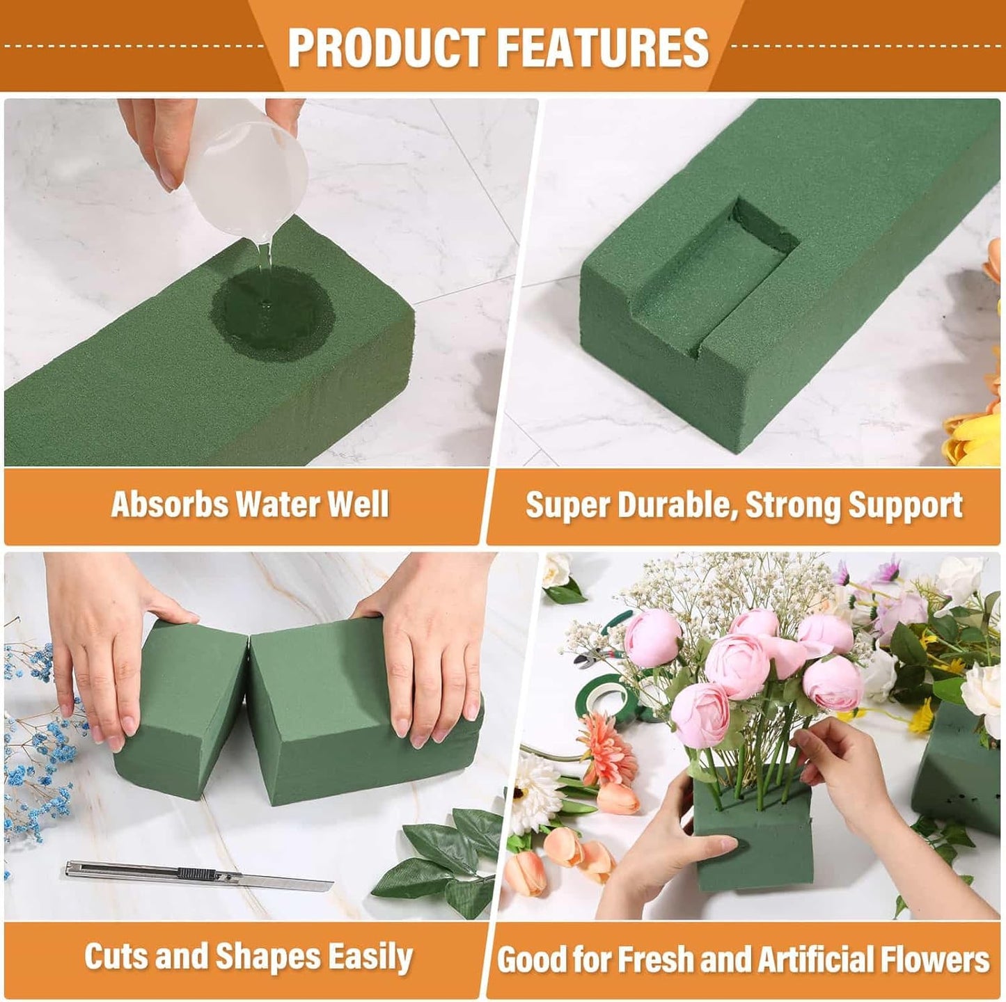 8 Pcs Floral Foam Blocks for Flower Arrangement (7.8” L x 3.5” W x 2.4” H) Wet and Dry Green Floral Foam for Wedding, Birthdays, Home Decorations