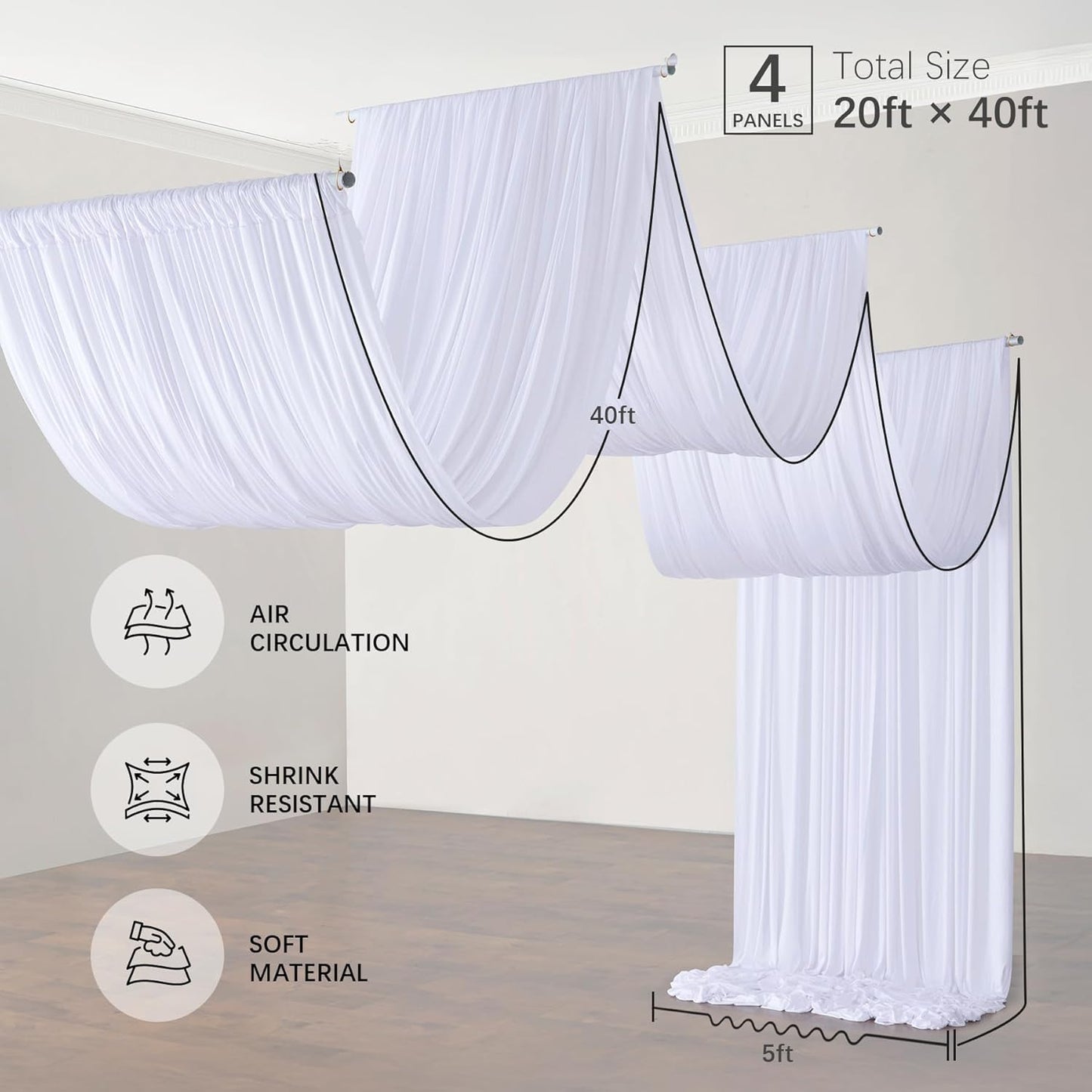 PartyVillage 20ftx40ft White Ceiling Curtain for Wedding Parties – 4 Panels Wrinkle-Free 40 FT Long Tent Draping Curtains for Wedding, Birthday & Theme Parties, 40ft Height with Rod Pocket