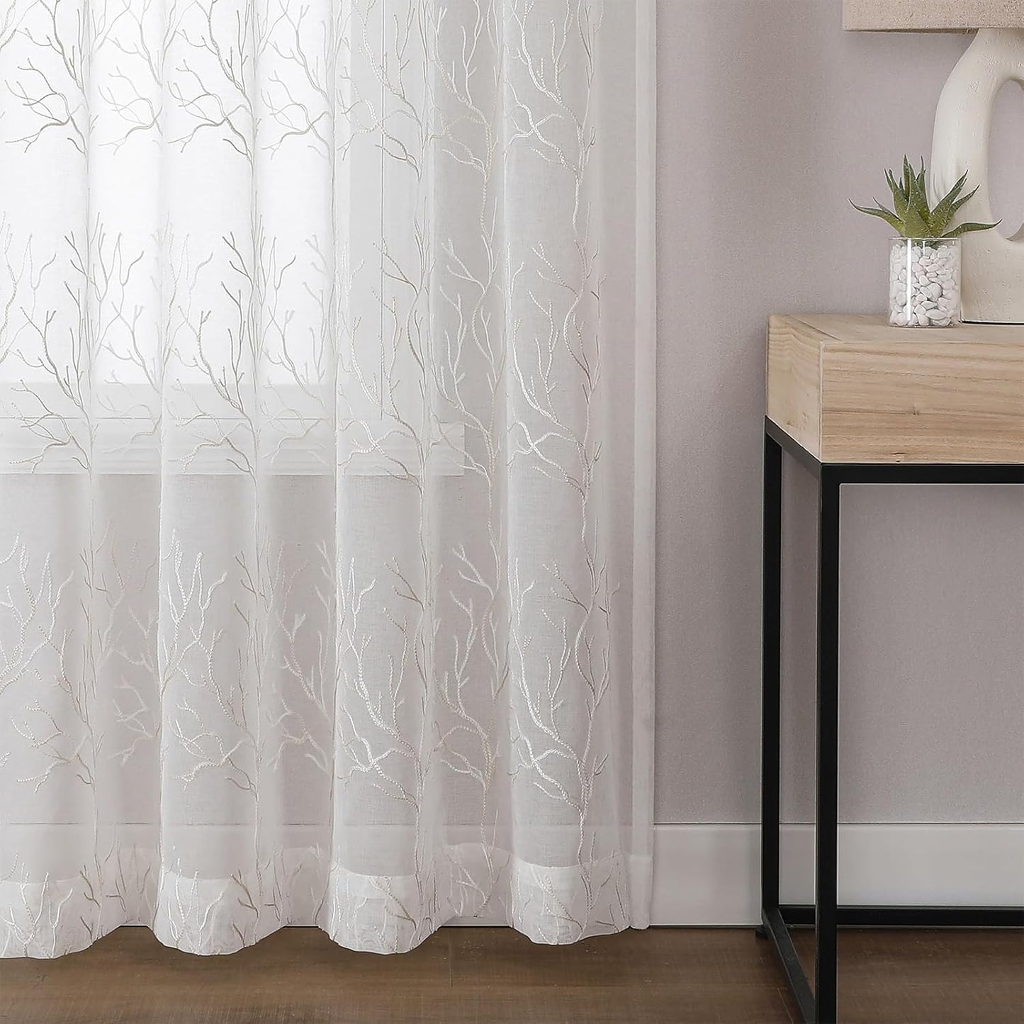 VISIONTEX Sheer Curtains 95 inch Length 2 Panels Set, Decorative Beige Coral Embroidery, Rod Pocket Embroidered Window Drapes for Living Room and Bedroom, 54" x 95"