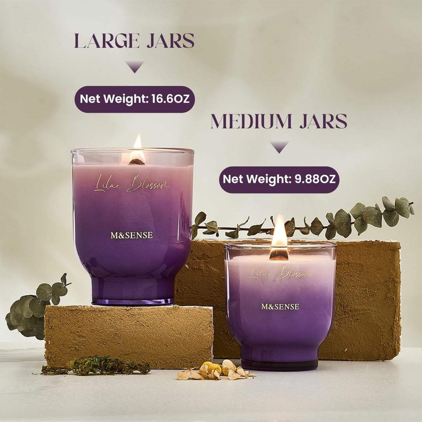 M&SENSE 16.6oz Natural Soy Large Jar Candle with Wooden Wick | Lilac Blossom Scent | 95-Hour Burn & Long-Lasting Burn | Housewarming Gift for Men and Women