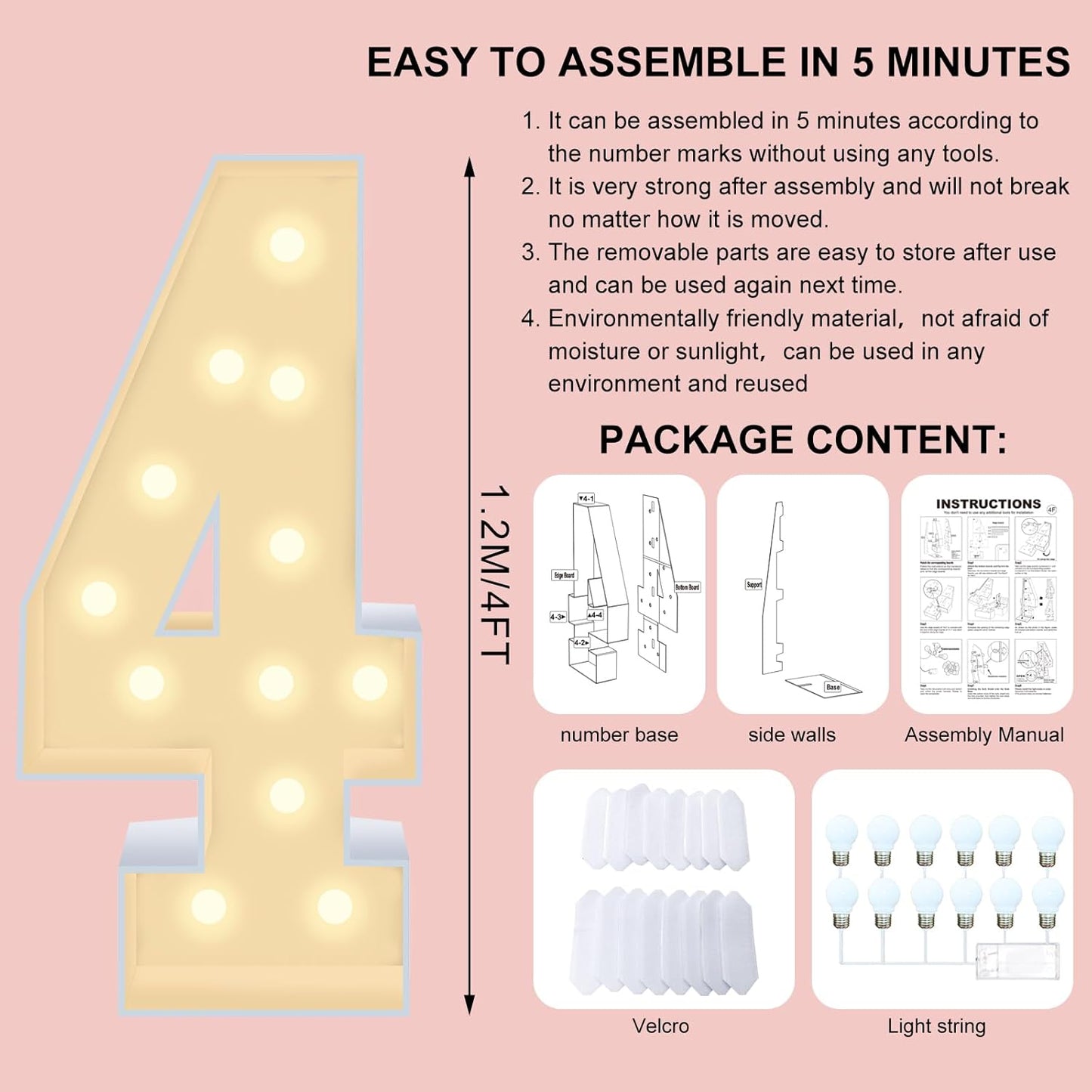 4FT Plastic Marquee Numbers 4 - Light up Numbers Are Made from Corrugated Plastic Board - Quick Assembly Without Tools, Disassembled Components Can Be Used for Photo Wall Decoration, Yard Sale Signs