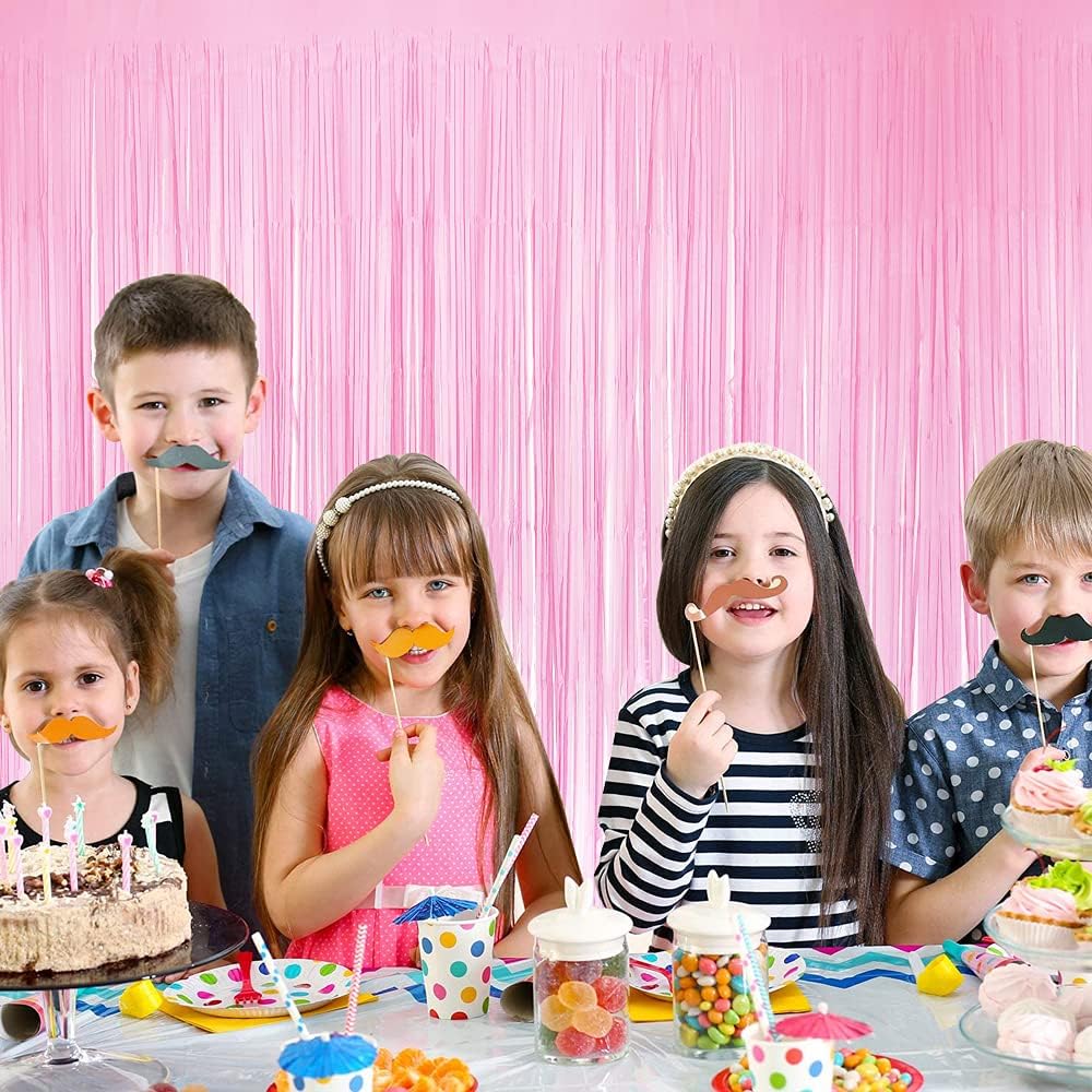 BEISHIDA 2 Pack Pink Tinsel Foil Fringe Curtains Light Macaron Metallic Curtain Photo Backdrop for Wedding Party Birthday Stage Bridal Shower Decor(3.28 ft x 6.56 ft)