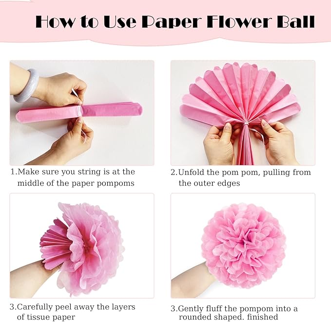 Pink Birthday Decorations, Happy Birthday Banner and Paper Pompoms, Hanging Swirls, Circle Dots Garland, Pennant Banner for Girls Women Party Decorations