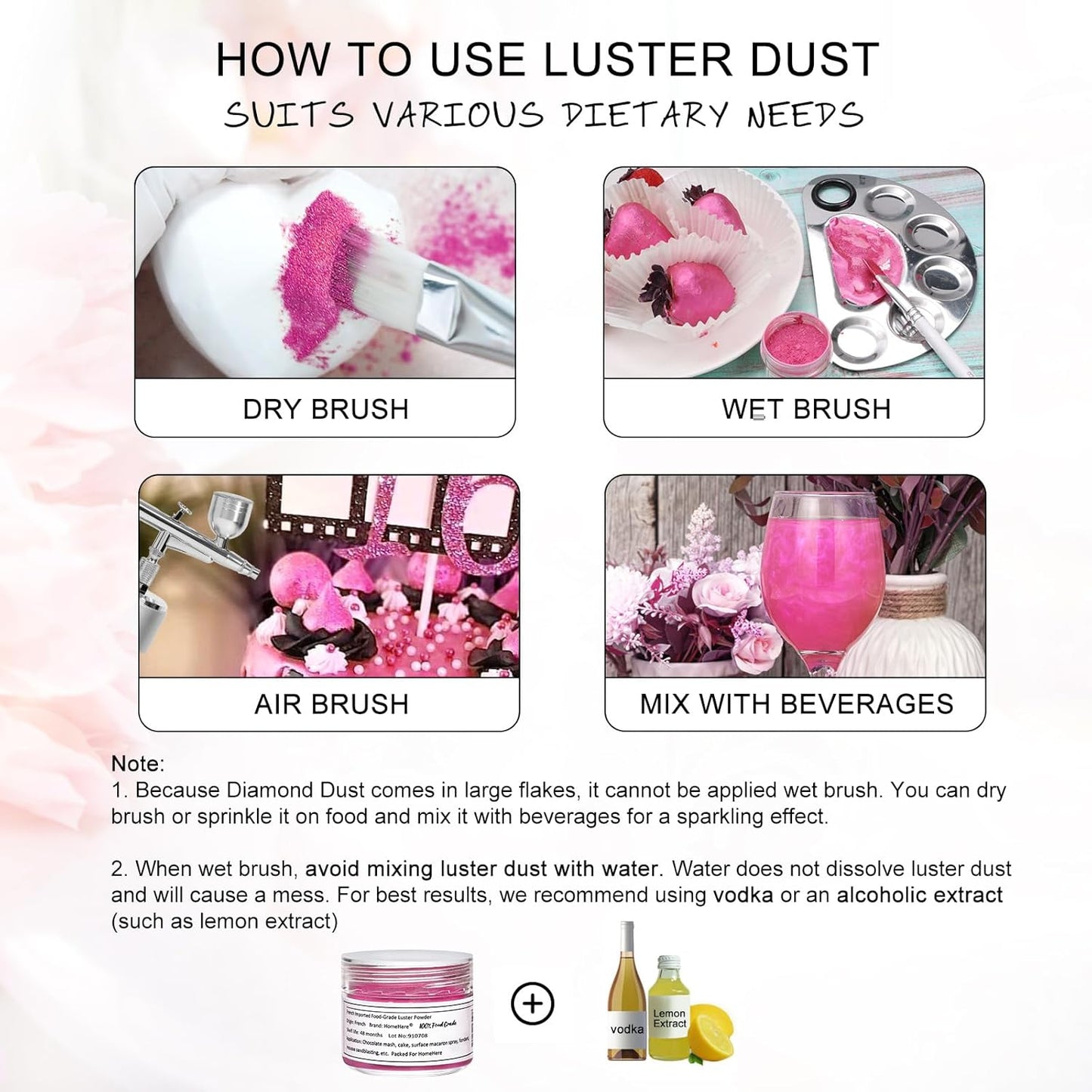 HomeHere Edible Luster Dust Food-Grade Glimmer Powder Glitter for Cake Decorating 7g, Edible Sprinkle Glitter for Cocktails Drinks Baking Candy Dessert Chocolate Vegan Tasteless, Vibrant Pink