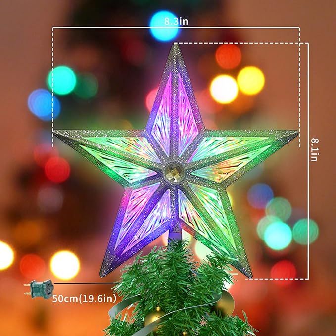 Star Christmas Tree Topper, 8in UL Listed 3D Star Tree Topper Lights, Double Sided Christmas Tree-top with 10 LED Multicolor Lights for Xmas Tree New Year Home Decor, Silver