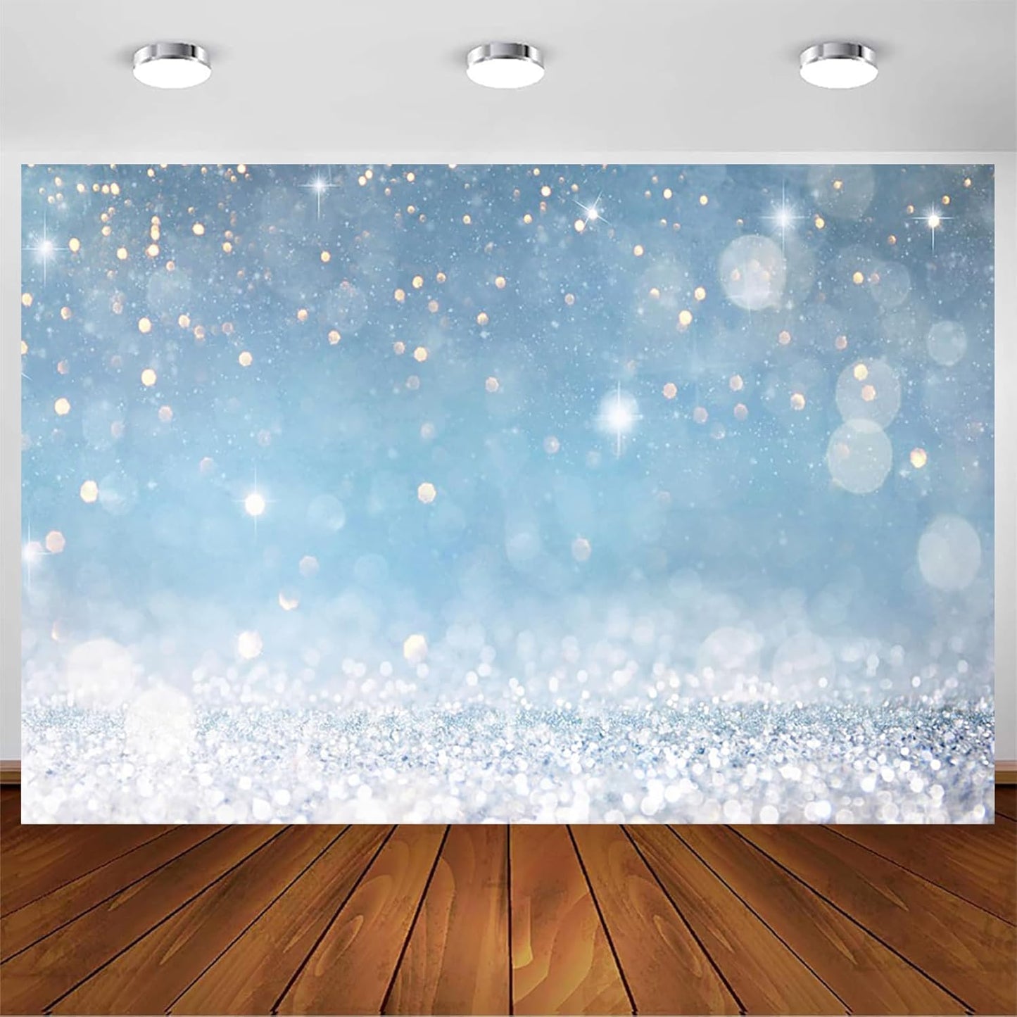 9x6ft Blue Bokeh (Not Glitter) Backdrops Birthday Party Abstract Golden Sparkling Spots Photography Background Baby Shower Wedding Prom Graduation Party Bokeh Decor Banner Photoshoot Props