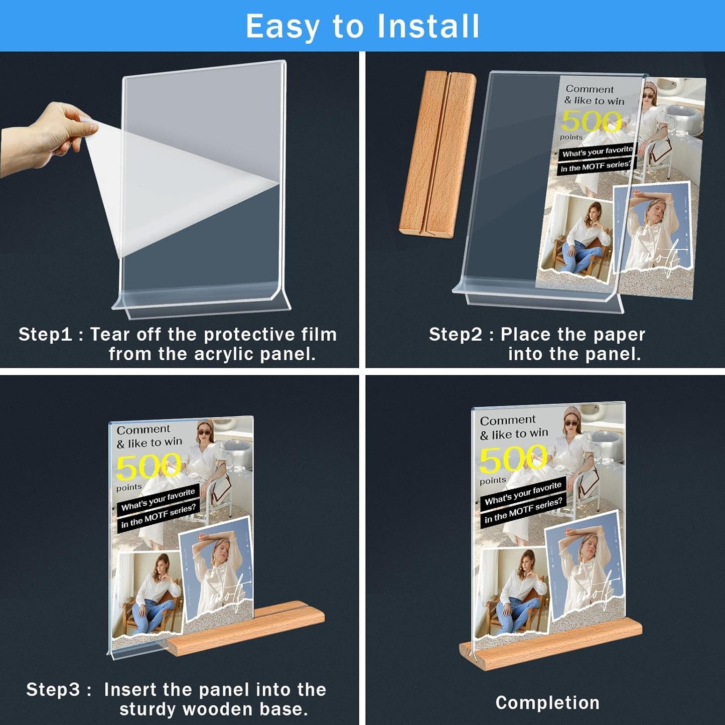 Kersally Acrylic Sign Holder 7 x 5'',6 Pack Double-Sided Clear Table Display Stands with Wood Base,Horizontal Acrylic Frame Menu Flyer Paper Holder for Store, Restaurant, Hotel, Office, Show Fair