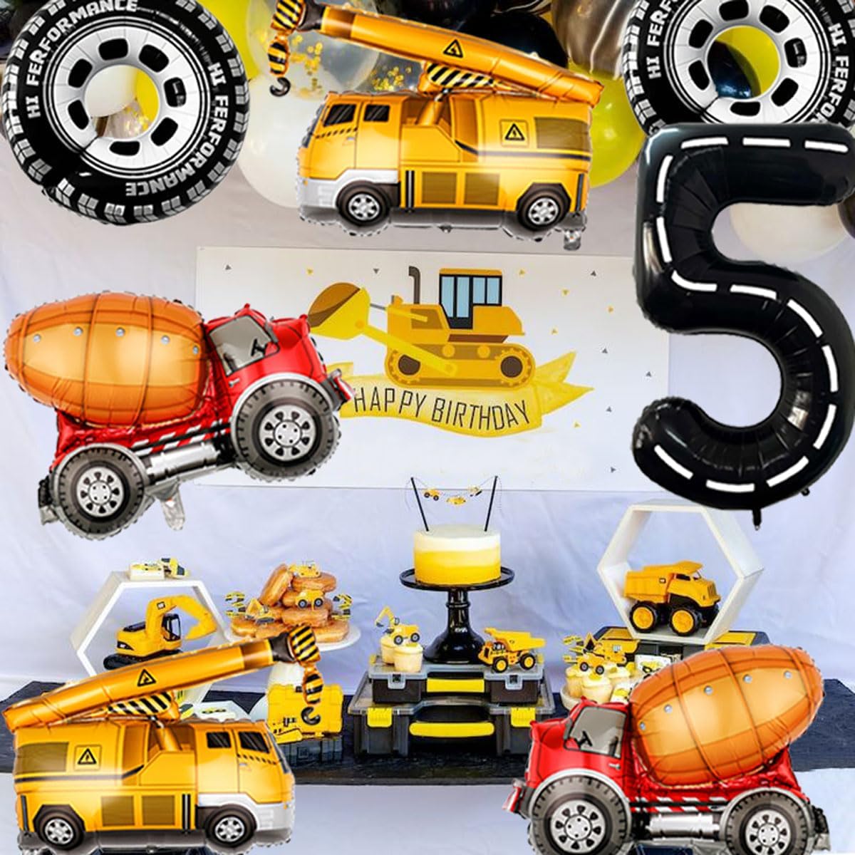 Construction Balloons 5rd Birthday Decorations for Boys 40inch Number 5 Balloons Truck Foil Balloon for Construction Birthday Party Decorations Supplies