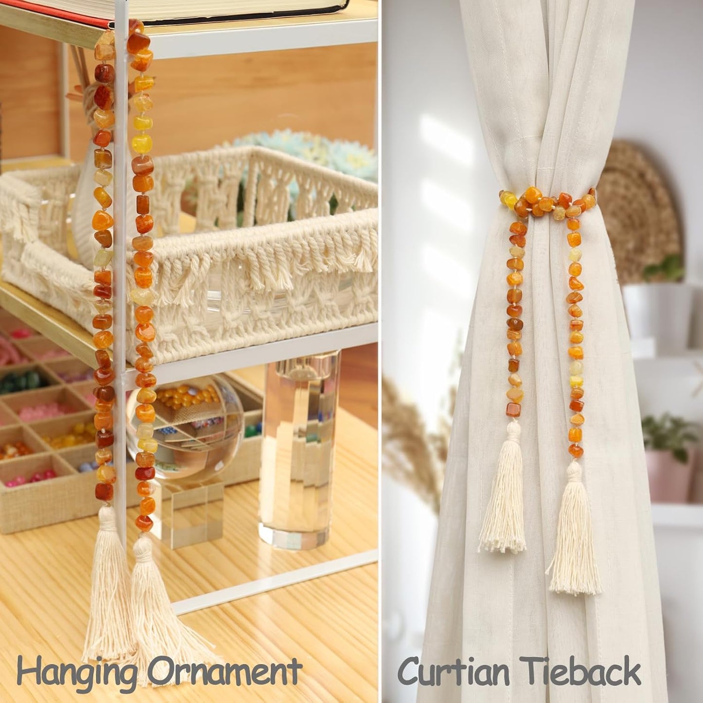 Agate Stone Hand Knotted Garland Modern Farmhouse Rustic Table Home Decor, 30inch Meditation Accessories with Tassel, Prayer Healing Beads Boho Wall Shelf Hanging Decoration (Orange)