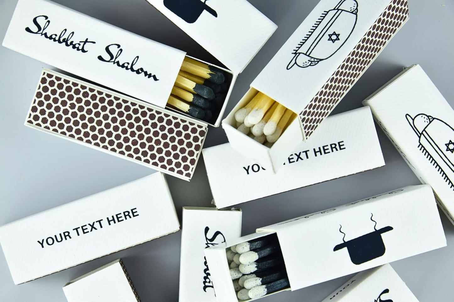 Customizable Personalized Matchboxes – Set of 10 – Shabbat Shalom Design – Colorful Matches & Matchsticks – Perfect for Shabbat (2" Matchsticks, Shabbat #1)