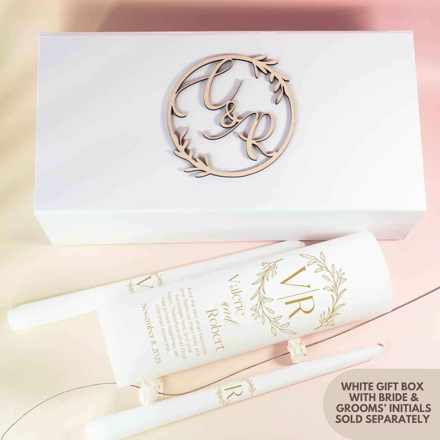 Unity Candles for Wedding, Modern Unity Set, Custom and Personalized Pillar and Taper Candles with Bible Quote, Unscented White Premium Wax, Religious and Wedding Ceremony, Special Events (Goldie)