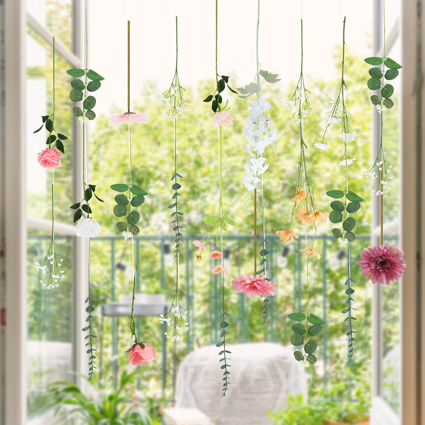 Hoteam 51 Pcs DIY Flower Garland Artificial Hanging Wildflower Backdrop Set Fake Rose Eucalyptus Daisy Poppy Wild Flower Decor for Wedding Party Birthday Home Garden (White,Champagne,Pink)