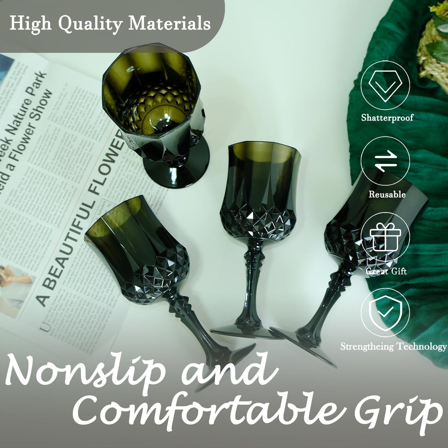 Plastic Wine Glasses,Plastic Goblets Vintage Style Cordial Drinking Glasses for Wedding Reception, Halloween Grand Event Party Supplies (48, Black)