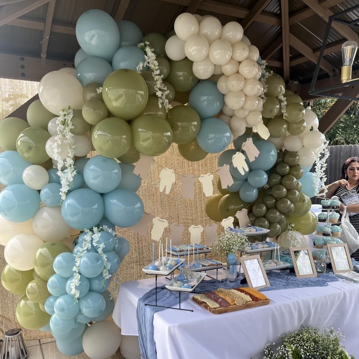 Sage Green and Blue Balloons, 35PCS Olive Green Dusty Blue Beige Cream Latex Balloon, Baby Boy Shower Balloons for Kids Rabbit Theme Baby Shower Birthday Boho Bridal Wedding Party Decorations Supplies