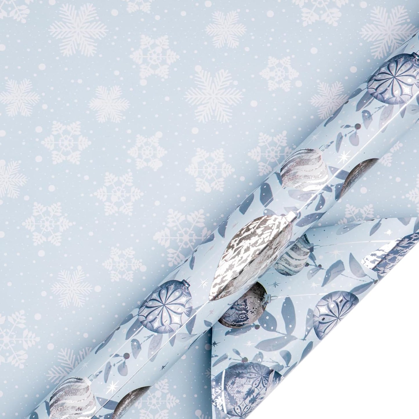 LeZakaa Christmas Silver Wrapping Paper Mini Roll, Silver Blue Christmas Ornaments, White Blue Snowflakes Metallic Foil, Reversible Design for Winter Holiday Family Gathering, 17 inches x 32.8 Feet