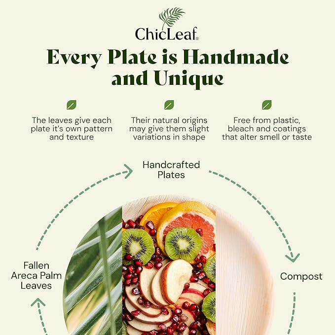 Chic Leaf Palm Leaf Disposable Bamboo Plates - Party Plates for Weddings & Event Appetizers, Indoor Events and Cozy Dinner Family Meal - Biodegradable & Compostable - Party Supplies (9", 20 Pack)