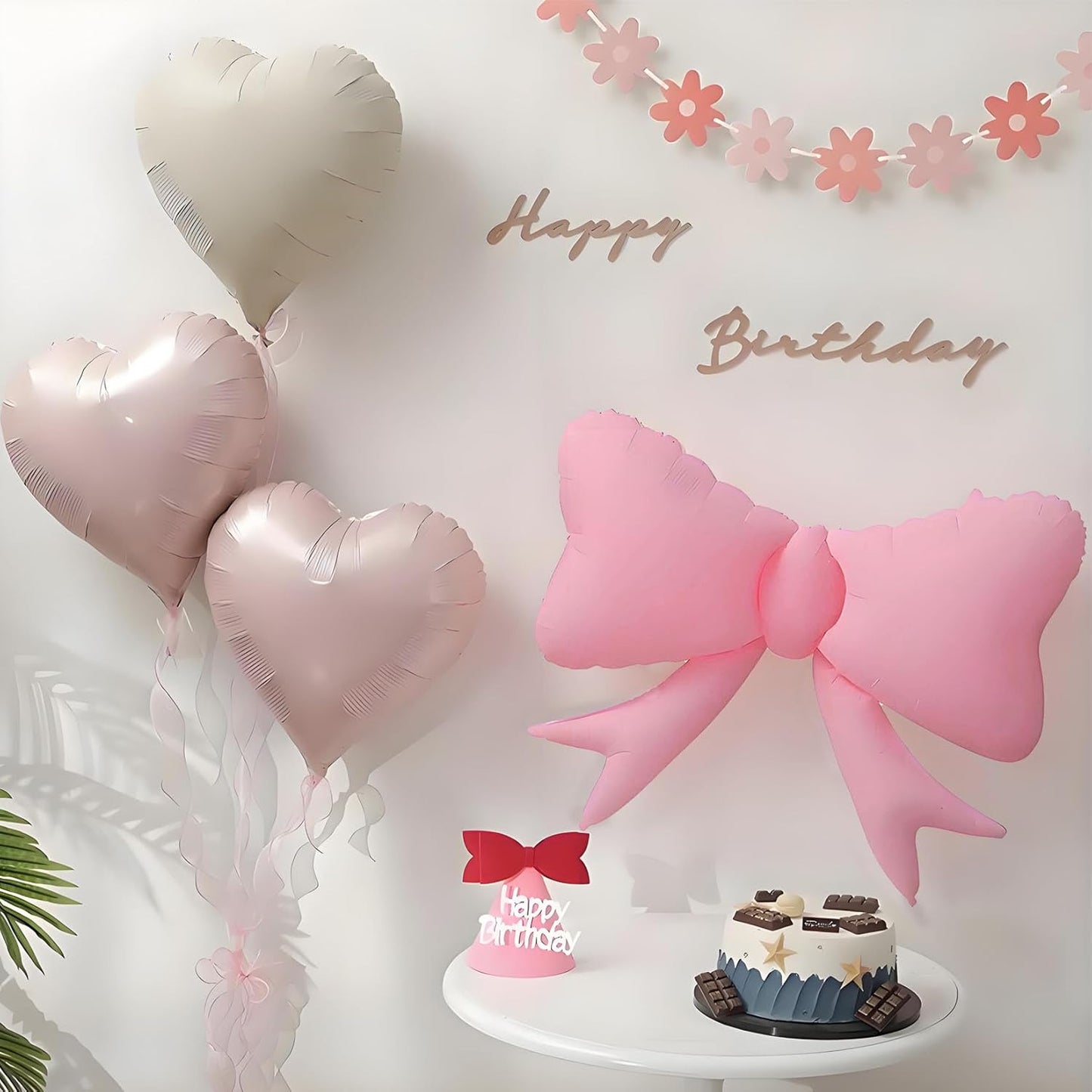 7 piece Bow Balloons Happy Birthday Bow and Heart Shaped Balloon Flowers Banner Set Decorations for Girl or Baby Shower Birthday Party Supplies
