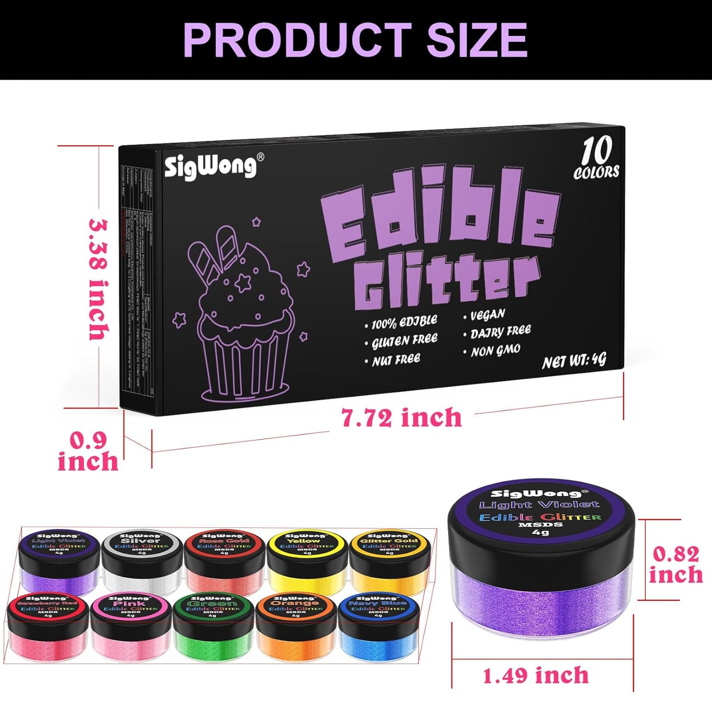 Edible Glitter - 10 Colors Luster Dust Edible Set for Drinks, Food Grade Edible Glitter Dust for Cake Decorating, Cocktail, Fondant, Strawberries, Candy, Cookie, Chocolate. Vegan and Gluten Free - 4g/bottle