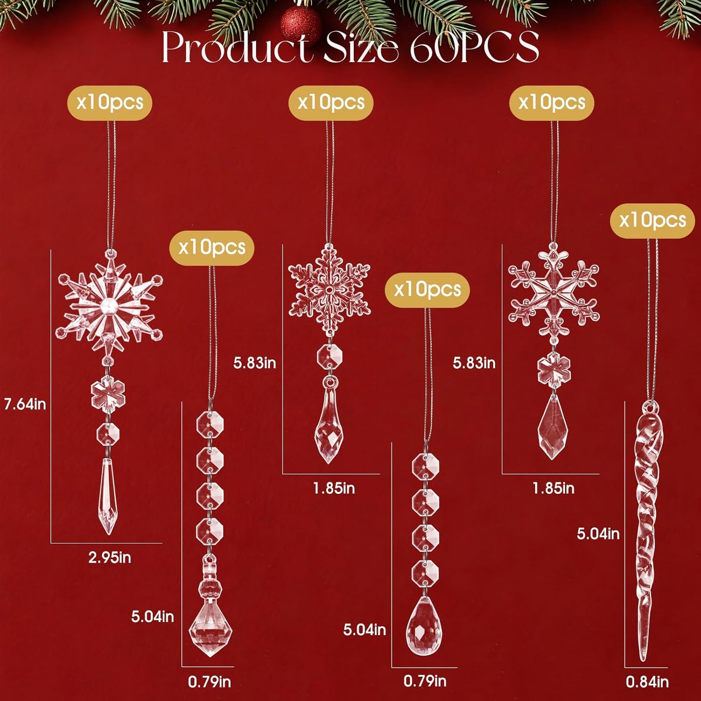 40pcs Christmas Ornaments Set for Tree Decorations- Hanging Acrylic Crystal Snowflake Christmas Decorations Icicle Drop Ornaments for Winter Christmas Tree New Year Party Supplies