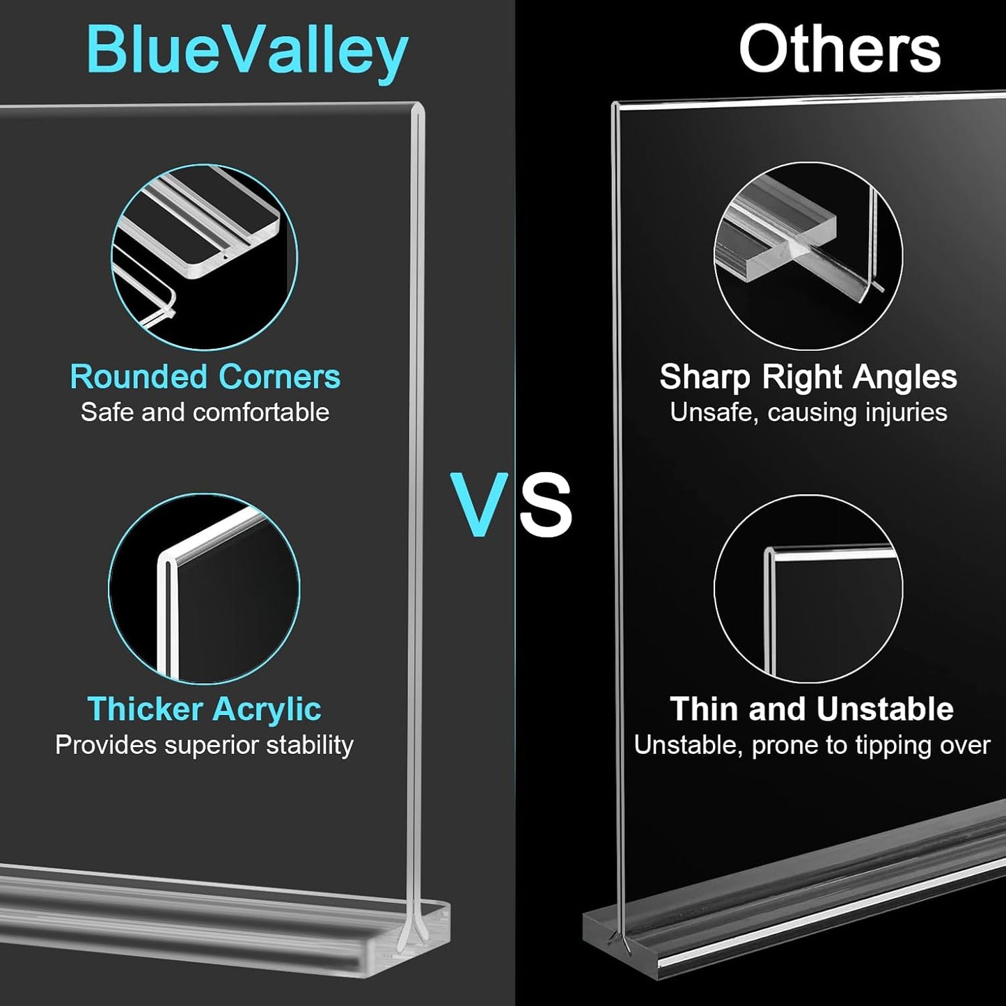 BlueValley Clear Acrylic Sign Holder 7x5 Inch - 12 Pack Double Sided Lucite Plastic Paper Display Stand for Brochure, Tabletop Sign, Document Picture Frame For Office Retail Catering Menu Show Fair Vendor Events