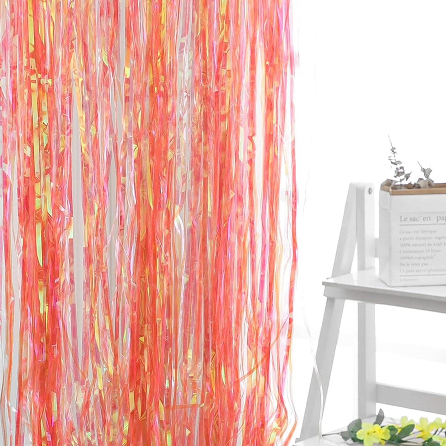 CANREVEL 2 Pack 3.2x6.5 Feet Iridescent Foil Fringe Backdrop Curtains, Clear Orange Tinsel Photo Booth Props Streamers Party Decorations for Birthdays Fall, Thanksgiving, Basketball Party