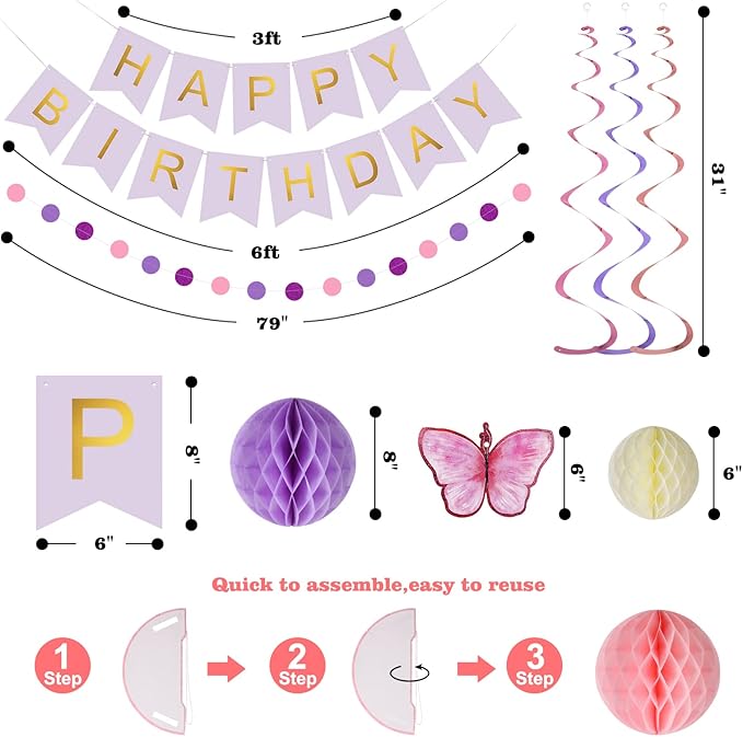 meowtastic Birthday Decorations, Happy Birthday Banner with Honeycomb Balls, Butterfly Hanging Swirl Streamers, Circle Dots Garland, Happy Birthday Party Decorations for Women Men Boys Girls (Purple)