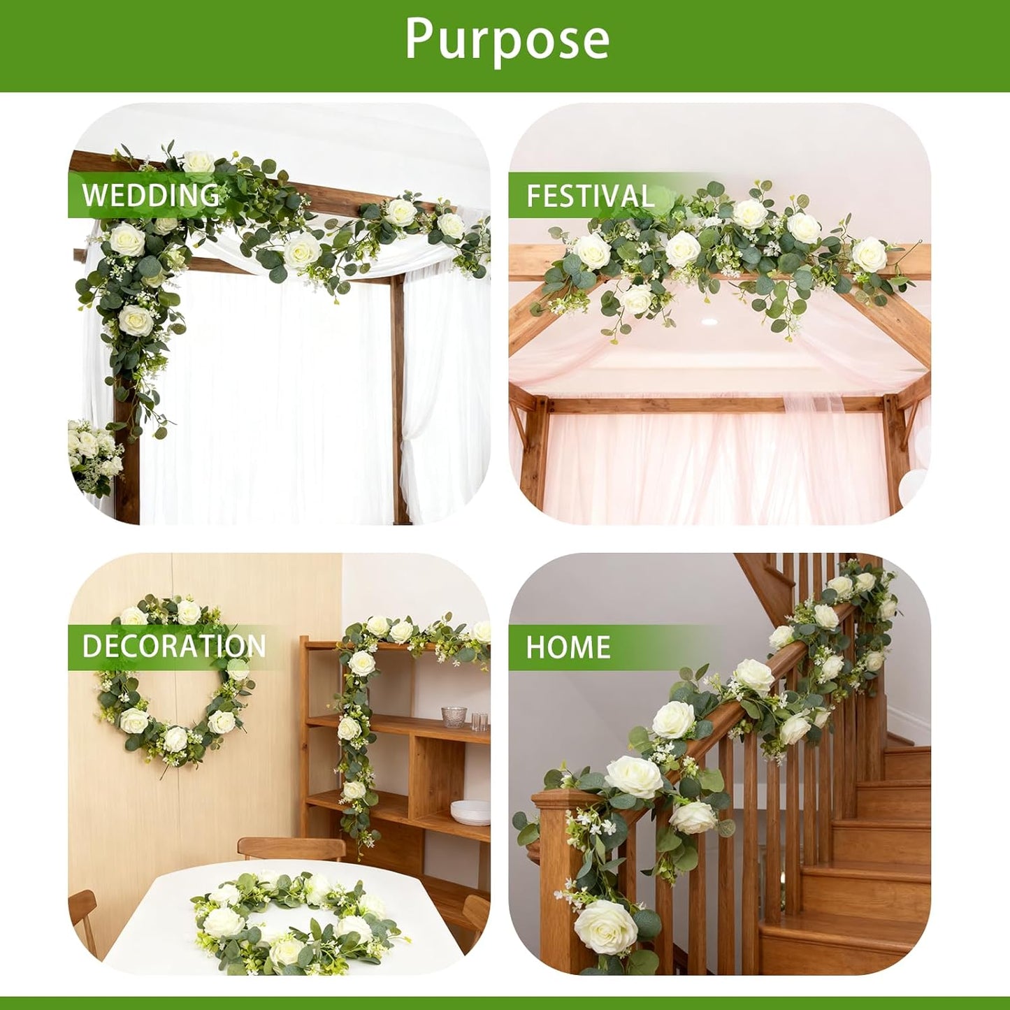 2 Pack 5.9 FT Artificial Flower Garland with Lights, Fake Floral Garland with 12 White Roses, White Flower Decorations for Arch Table Centerpieces Backdrop Party Home Wedding Decorations