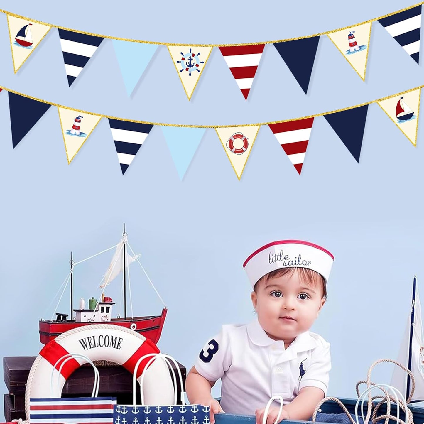 Navy Red Beige Gold Glitter Stamping Paper Pennant Banner Flag Triangle Bunting for Nautical Pirate Ahoy Achor Theme Birthday Baby Shower Wedding Let's Get Nauti Bachelorette Party Decoration Supplies