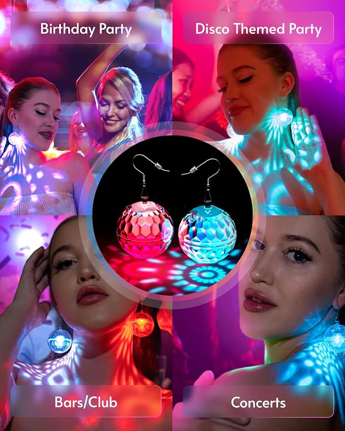 Light up Earrings Rhombic Disco Ball Earrings 16 Light Modes Rechargeable 60s 70s 80s Earrings for Women Concert, Disco Party, Rave Accessories