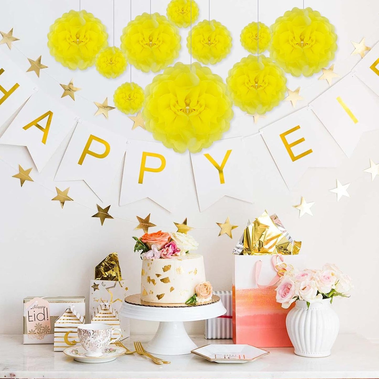 Tissue Paper Pom Poms, Light Yellow Tissue Paper Flowers, Hanging Flower Balls for Weddings Fiesta Parties Birthday Baby Showers Classroom Bridal Shower Decoration (20Piece Set-6/10/12/14Inch)
